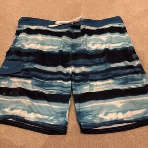 Nonwe Swimwear Blue Striped Drawstring Lined Board Shorts SZ 42